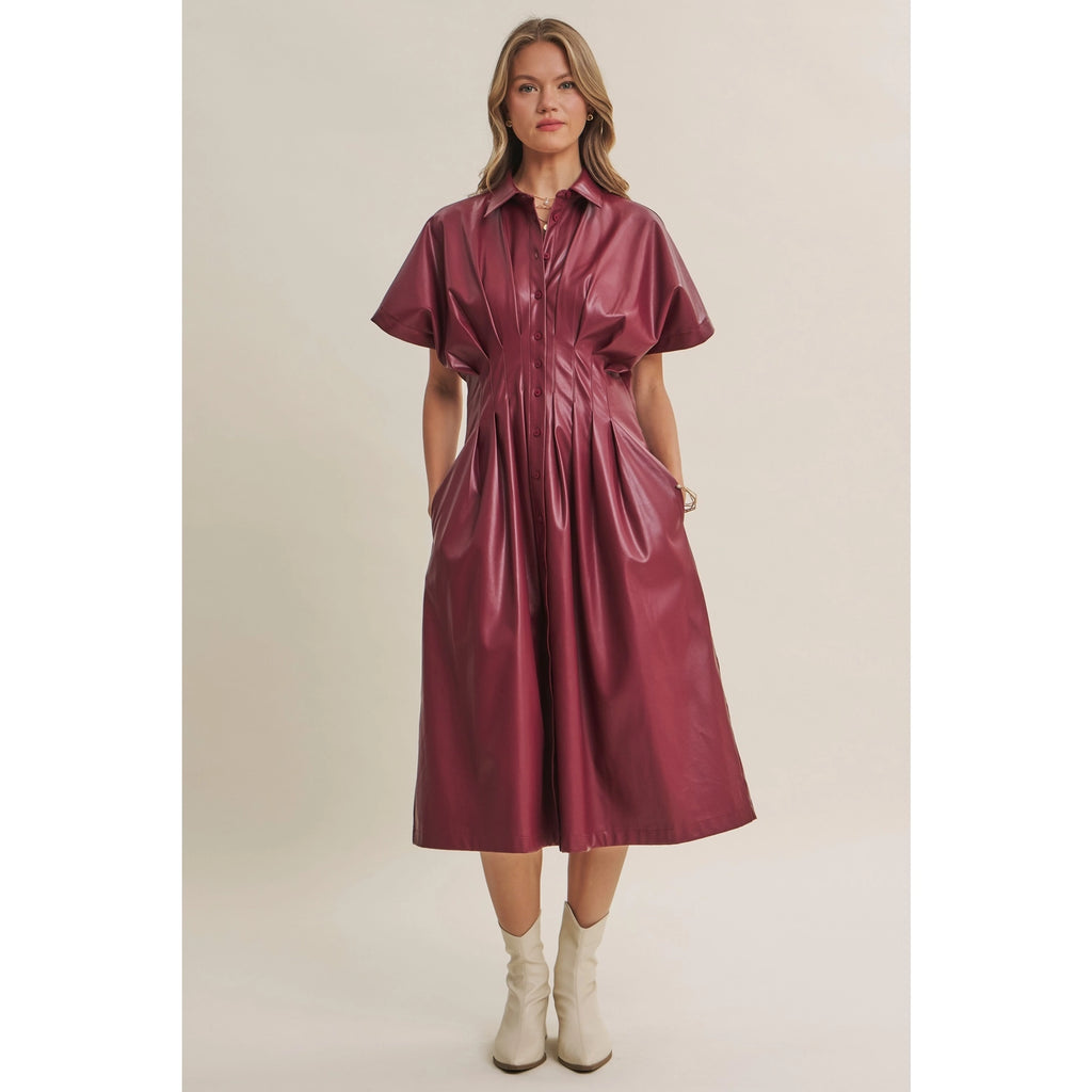 Slow City Lights Leather Pin Tuck Midi Dress