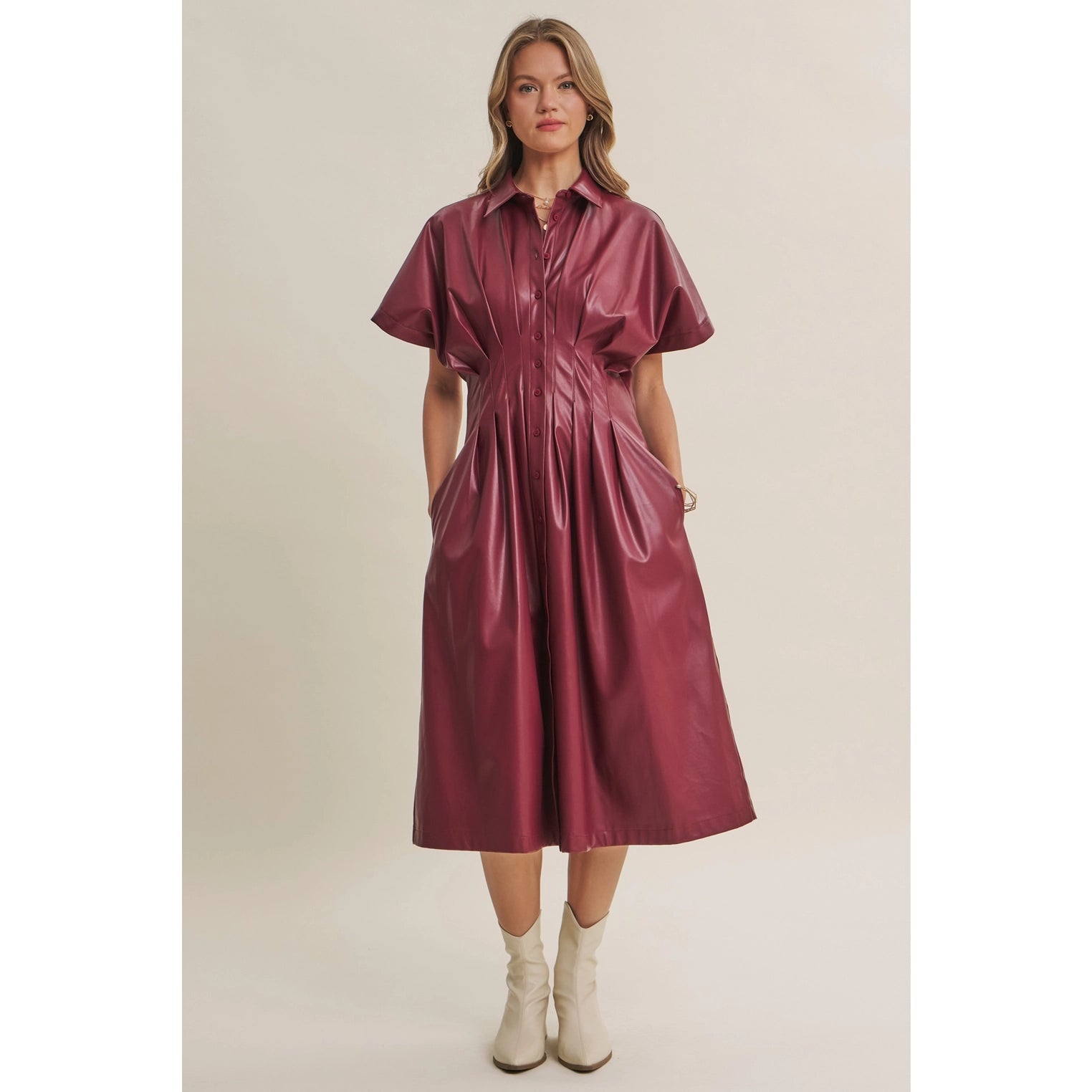 Slow City Lights Leather Pin Tuck Midi Dress