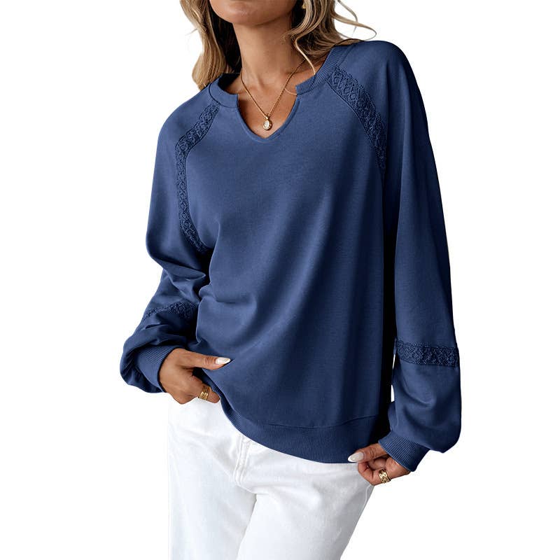 Lace Trim Long Sleeve Knit Sweatshirt