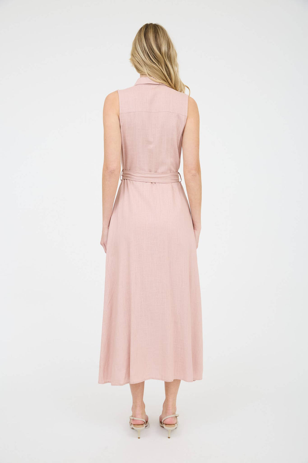 Collared Button Down Sleeveless Belted Midi Dress