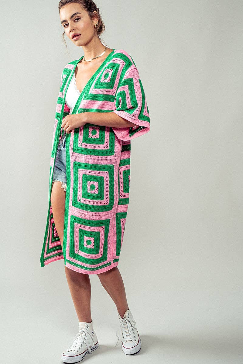 Geometric Crochet Midi Length Open Front Cardigan