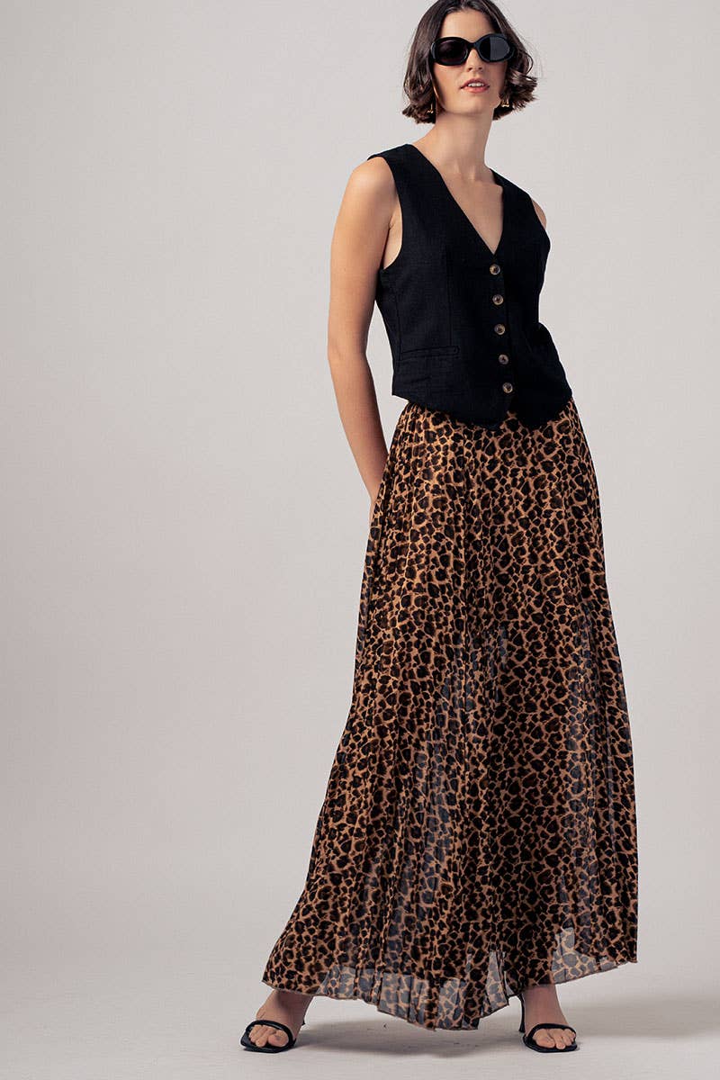 Sophisticated Leopard Print Pleated Flowy A Line Midi Skirt