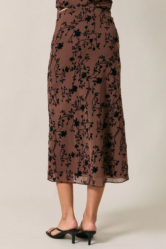 Pull On Flocking Velvet Mesh Floral Midi Skirt