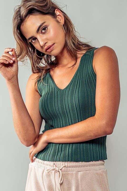 Textured Ribbed V Neck Knit Tank Top