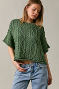 Cable Knit Short Sleeve Crew Neck Sweater Top
