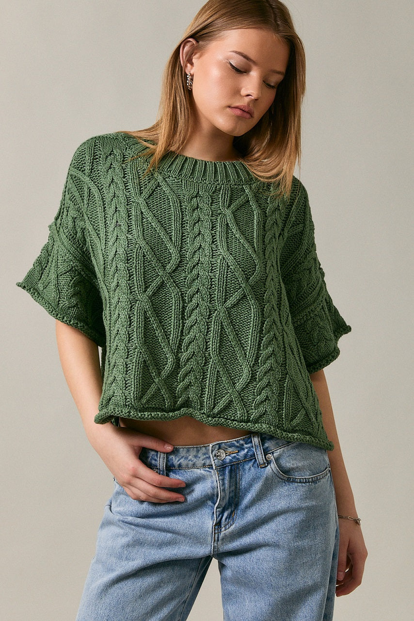 Cable Knit Short Sleeve Crew Neck Sweater Top