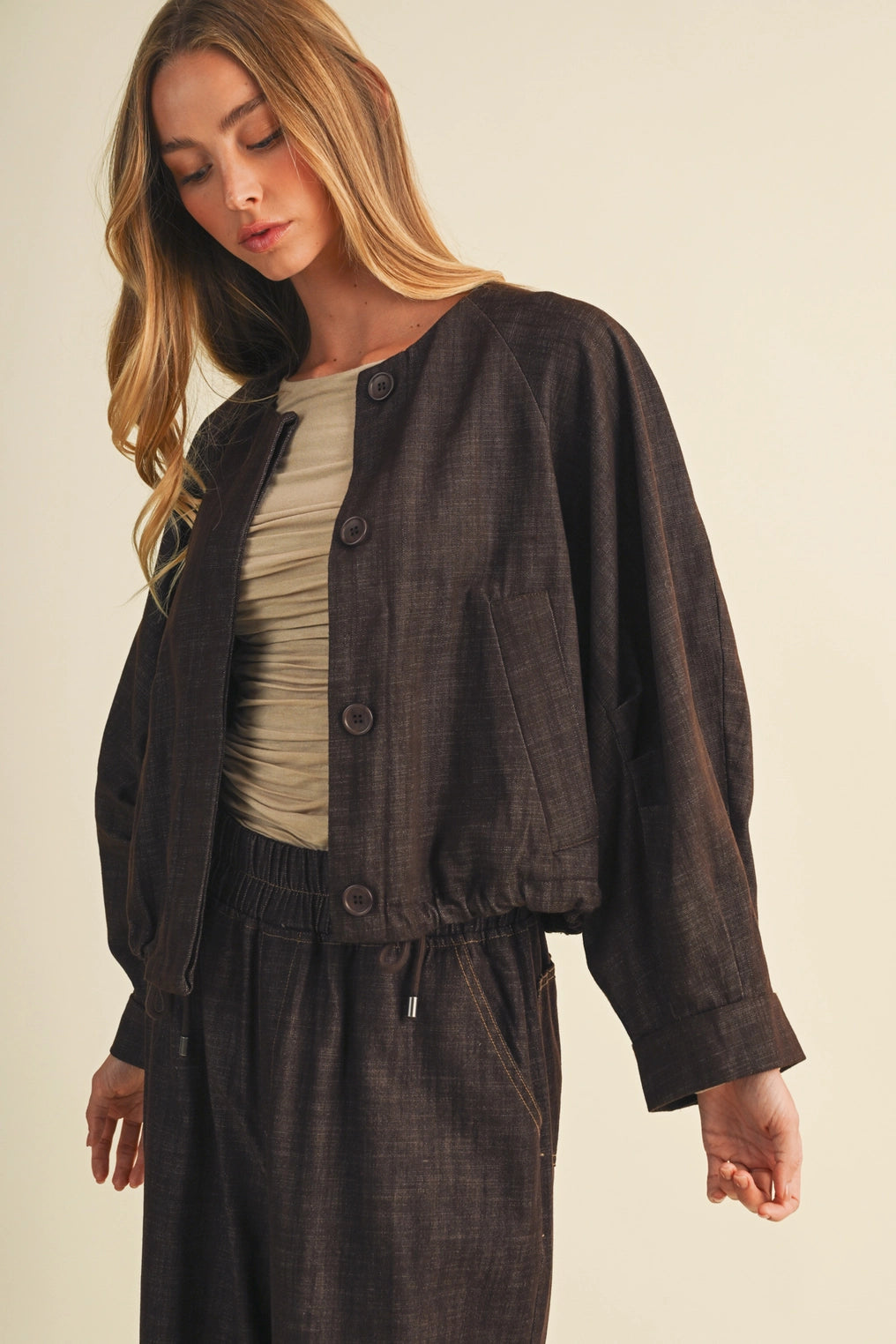 Collarless Volume Sleeve Denim Jacket