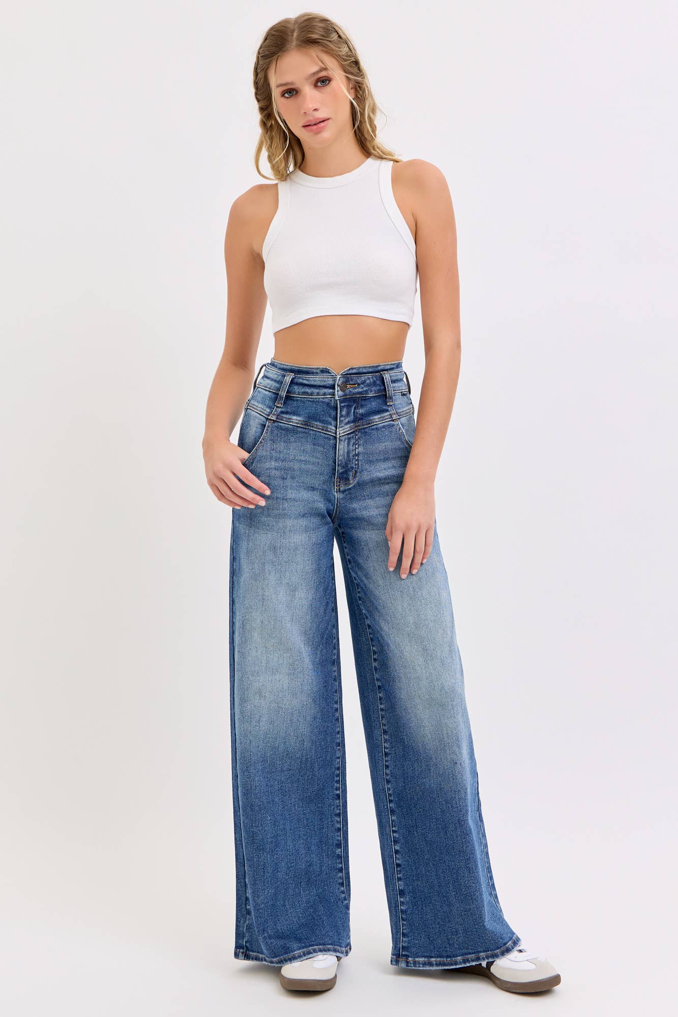 High Rise Wide Leg with V Shape Double Waist Band