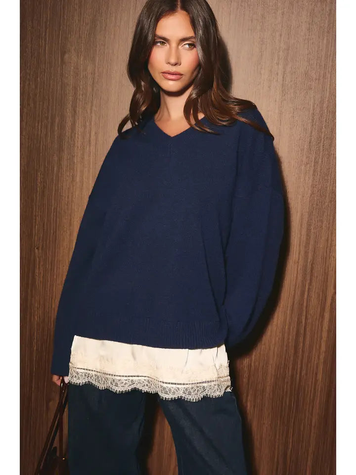 Long Sleeve V-Neck Oversized Sweater w/Layered Lace