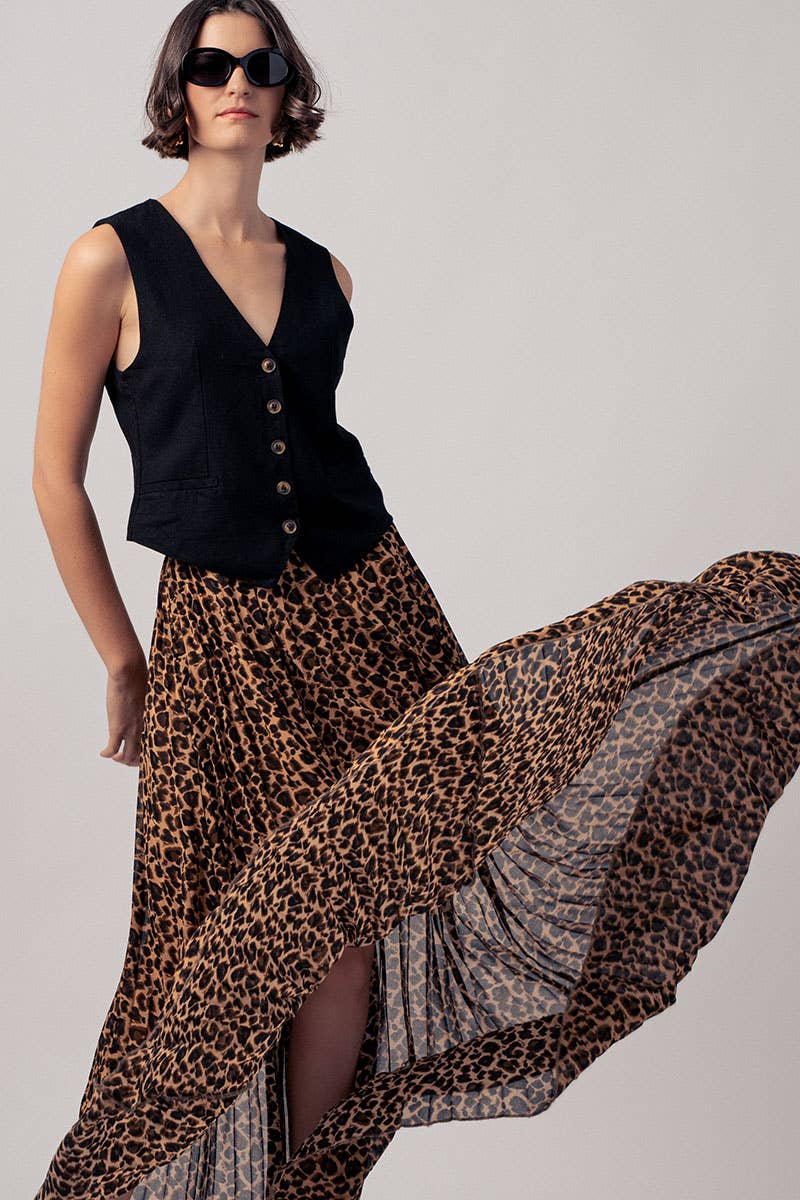 Sophisticated Leopard Print Pleated Flowy A Line Midi Skirt