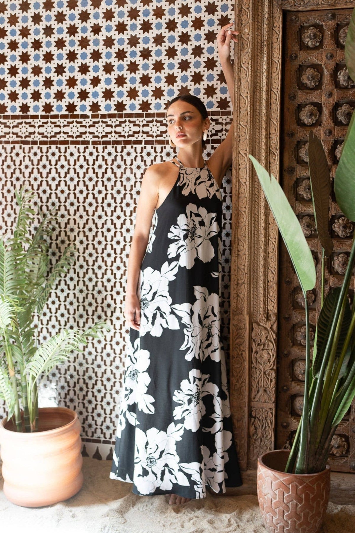 Bold Floral Print Halter Neck Open Back Dress