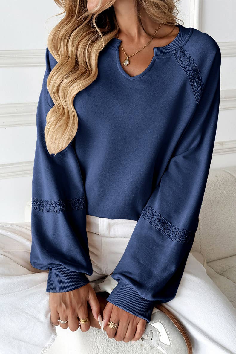 Lace Trim Long Sleeve Knit Sweatshirt