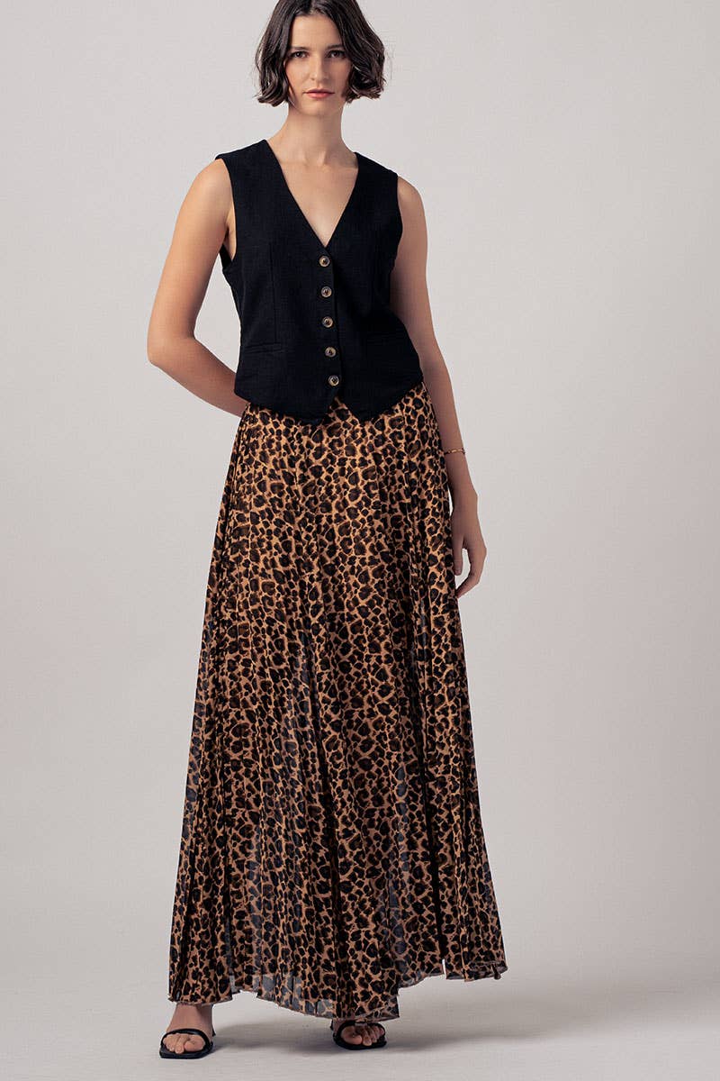 Sophisticated Leopard Print Pleated Flowy A Line Midi Skirt