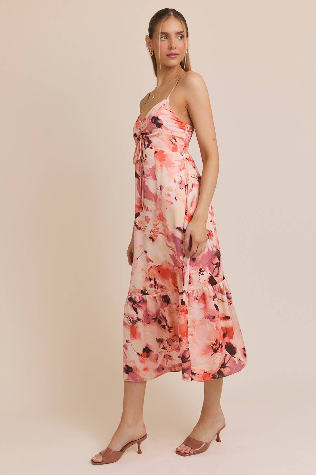 Sweetheart Strap Front Tie Floral Dress