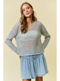 Split V-Neck Long Sleeve Open-Knit Sweater
