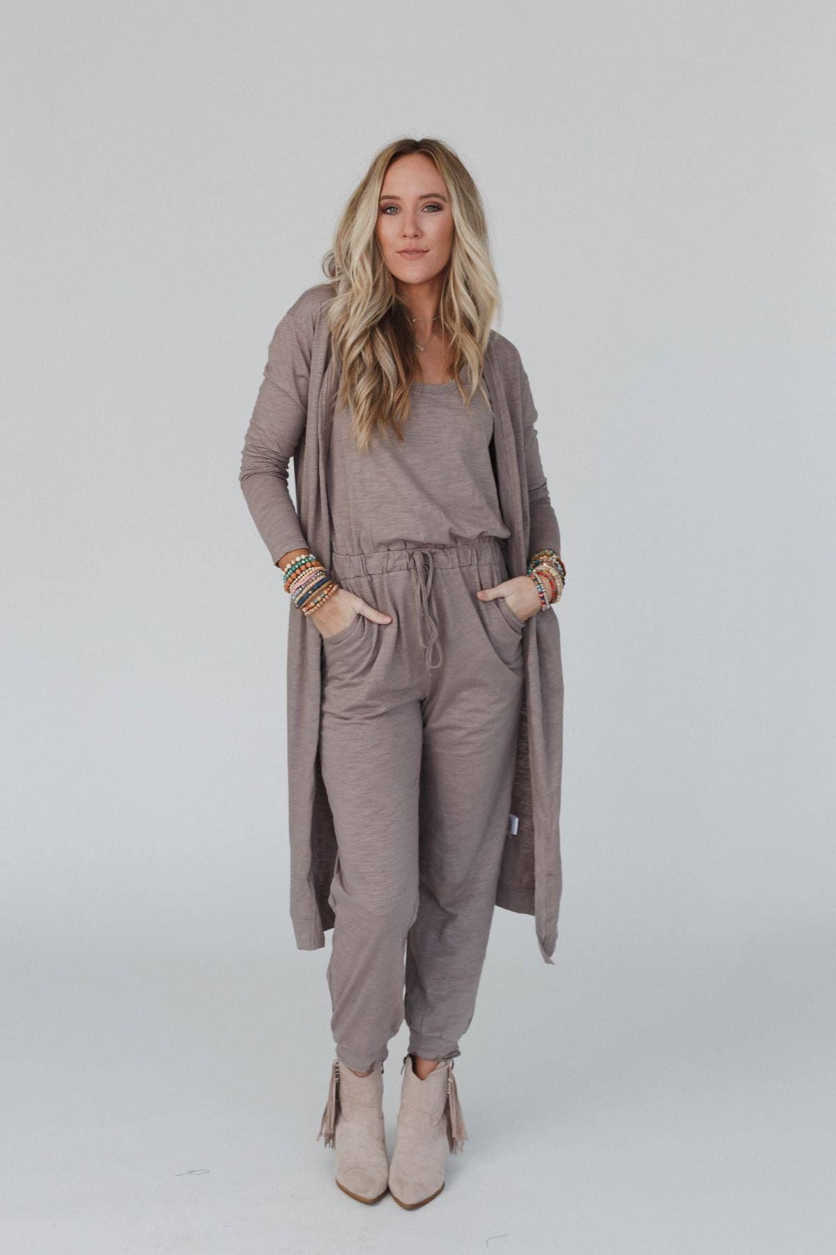 Set to Go Textured Jumpsuit And Cardigan Set