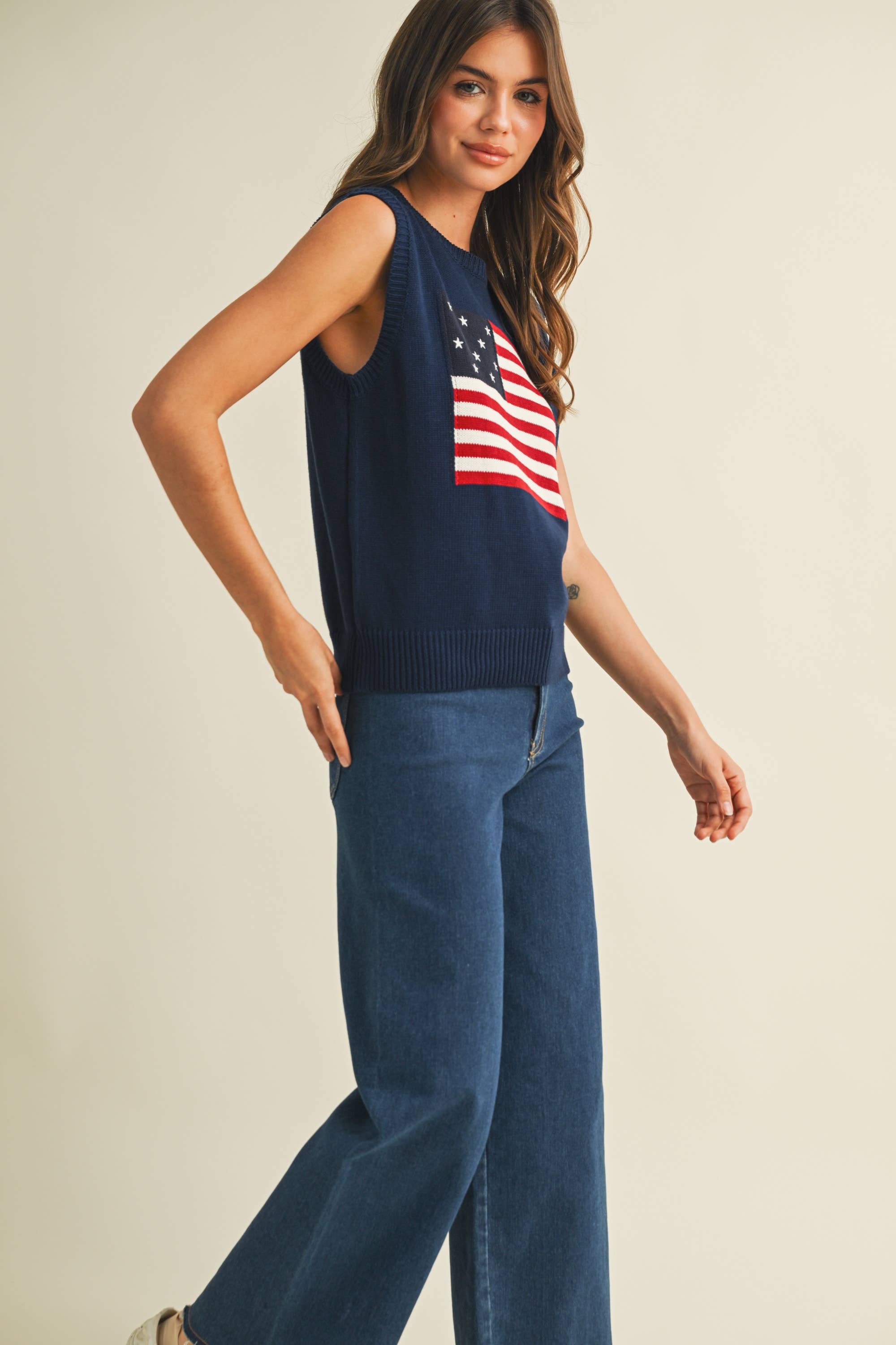 USA FLAG SLEVELESS KNIT PULLOVER SWEATER