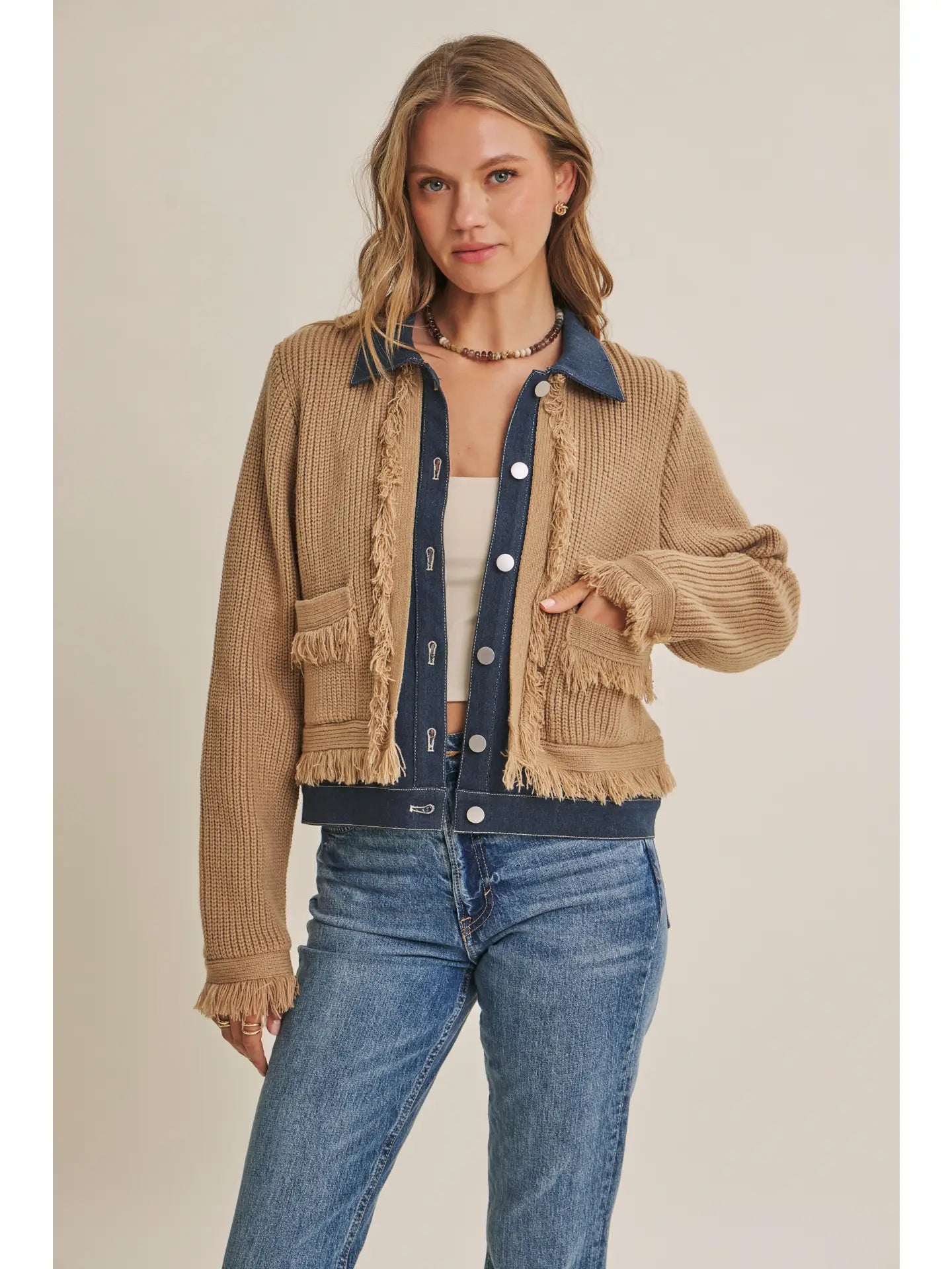 Denim Layered Sweater Fringe Cardigan Jacket