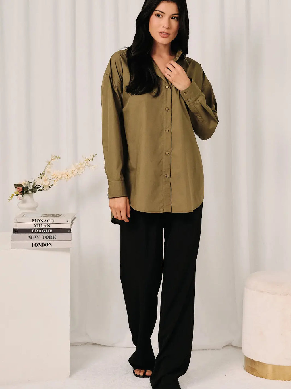 Oversized Point Collar Button Down Long Sleeve Shirt