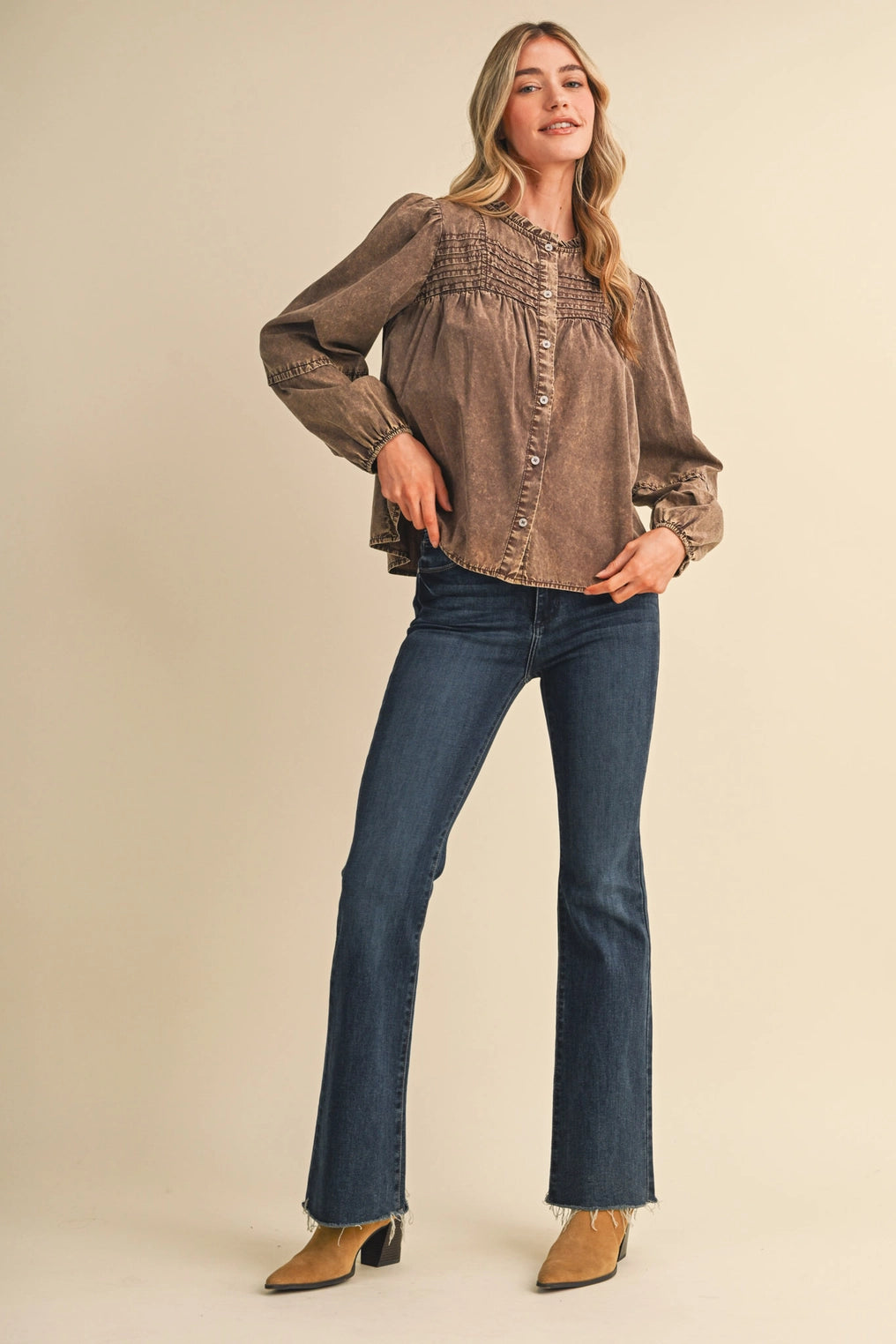 Washed Tencel Pin Tuck Button Up Top