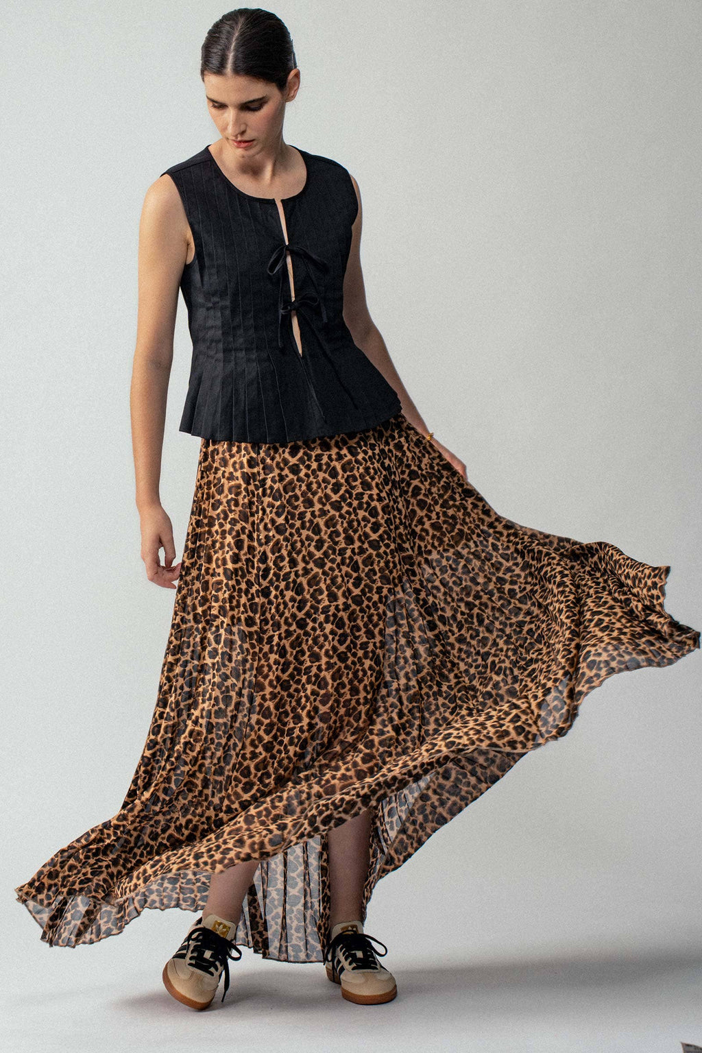 Sophisticated Leopard Print Pleated Flowy A Line Midi Skirt