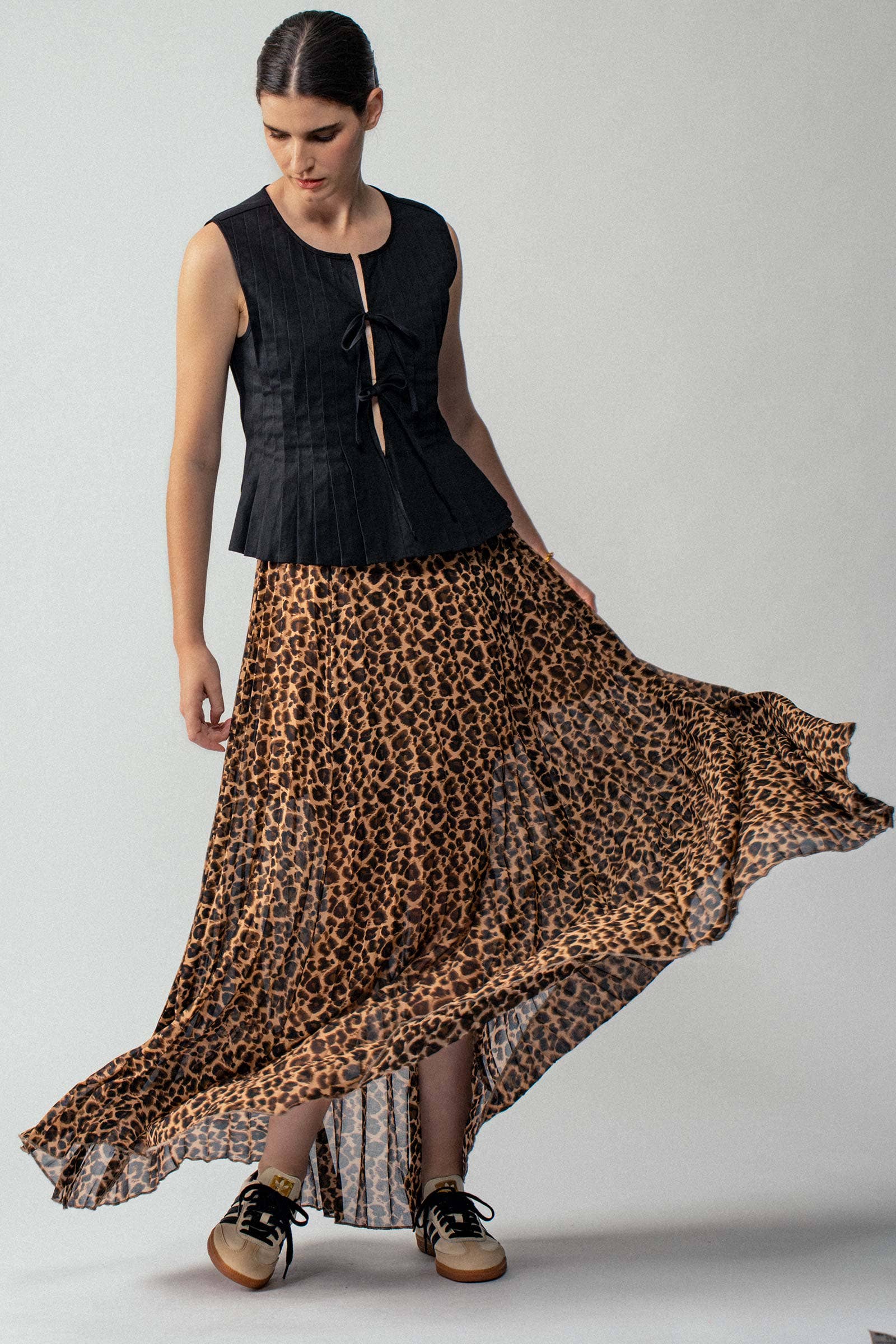 Sophisticated Leopard Print Pleated Flowy A Line Midi Skirt