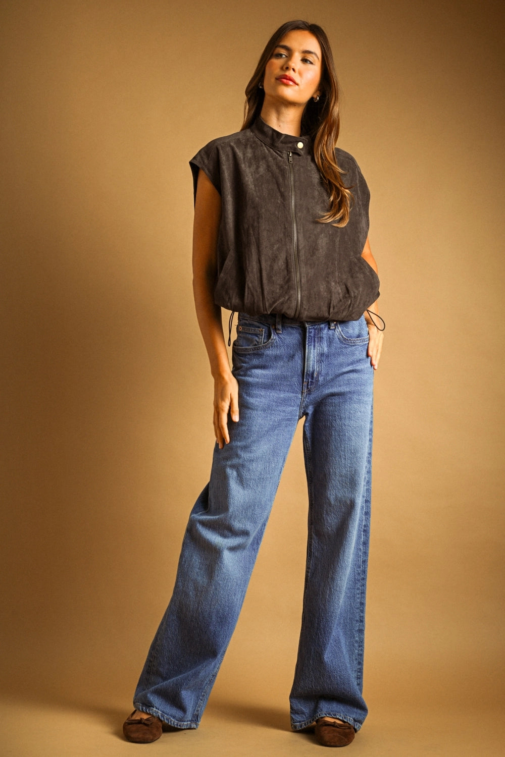 Suede Zipper Front Vest Jacket