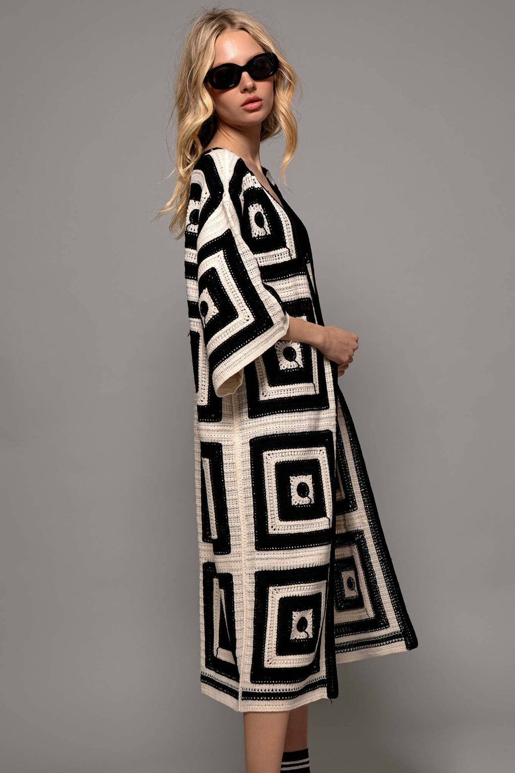 Geometric Crochet Midi Length Open Front Cardigan