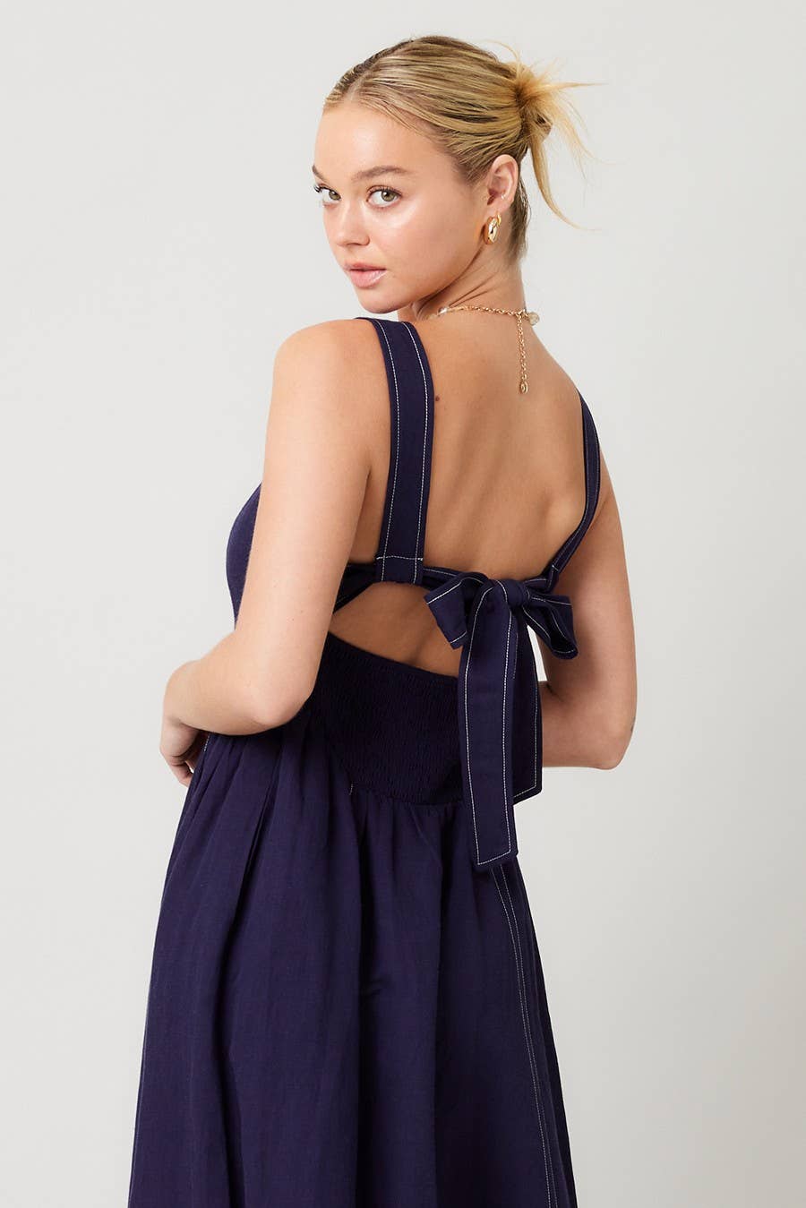 Linen Contrast Stitch Midi Dress