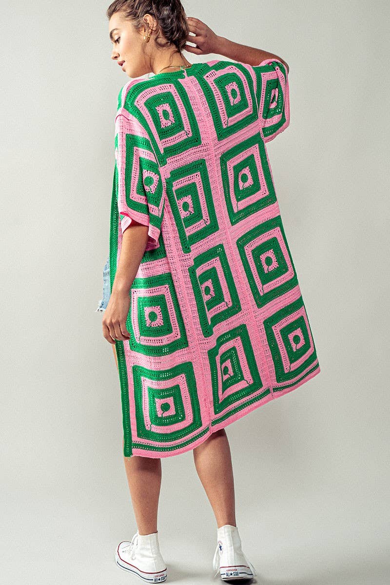 Geometric Crochet Midi Length Open Front Cardigan