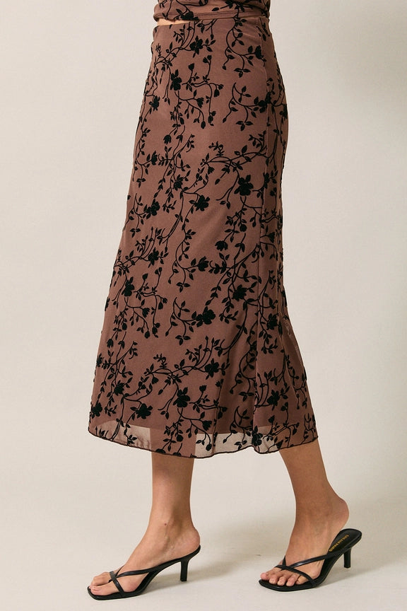 Pull On Flocking Velvet Mesh Floral Midi Skirt