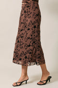 Pull On Flocking Velvet Mesh Floral Midi Skirt