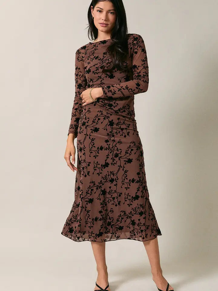 Boat Neck Ragalan Long Sleeve Floral Flocking Mesh Top