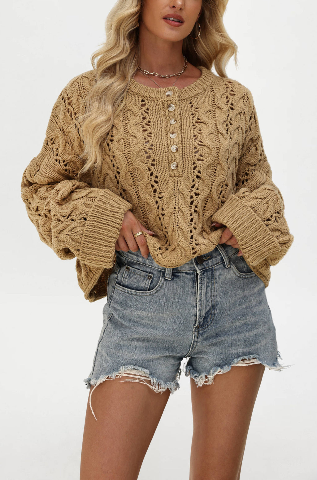 Chunky Open-Knit Henley Sweater with Wide Sleeves