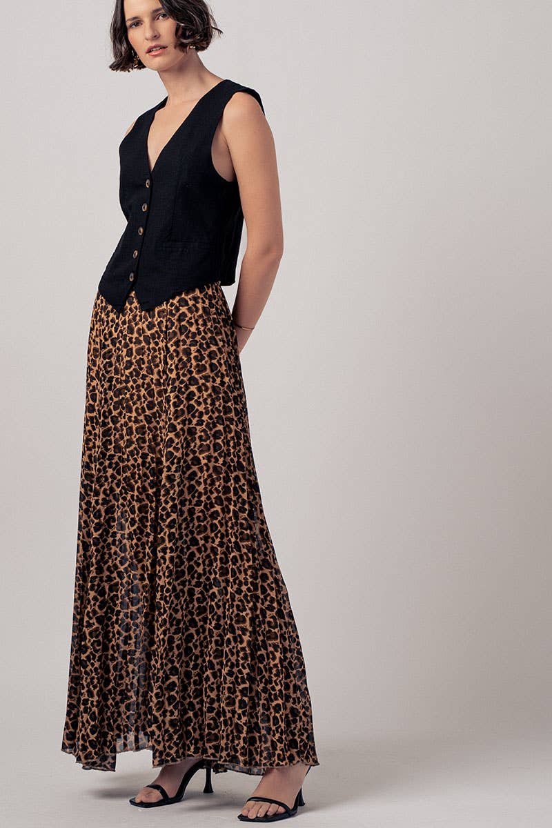 Sophisticated Leopard Print Pleated Flowy A Line Midi Skirt