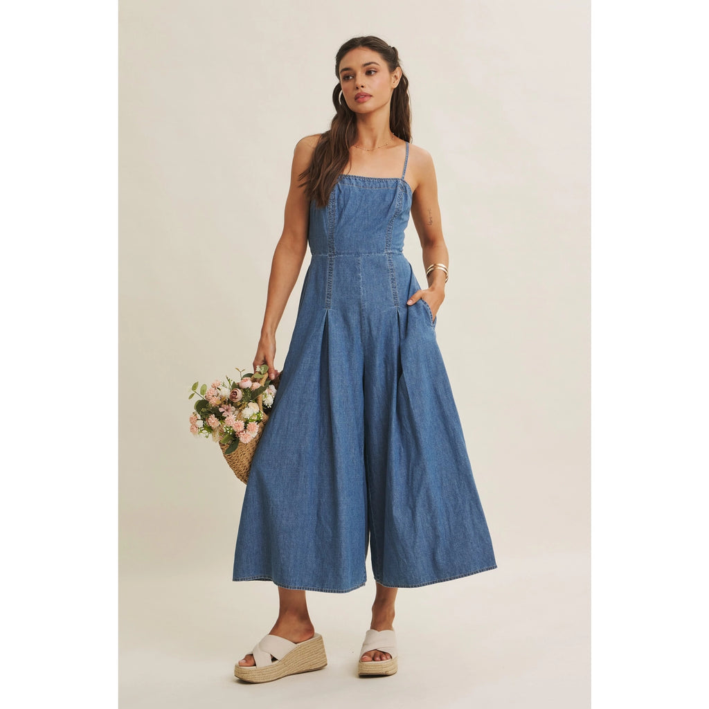 Pleated Denim Jumpsuit