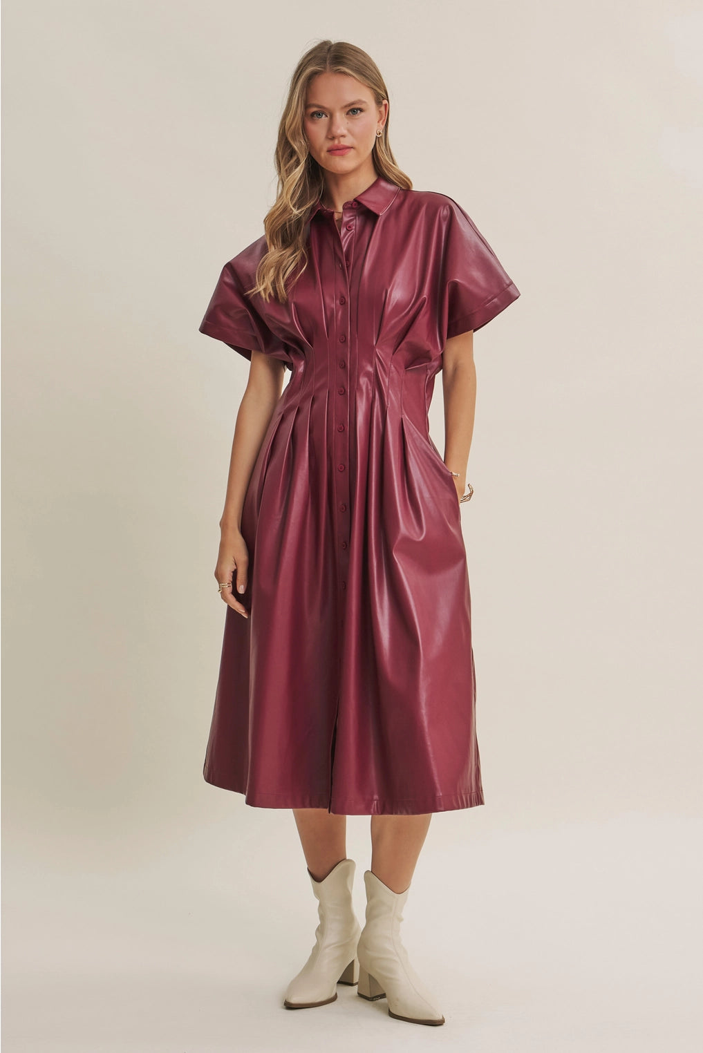 Slow City Lights Leather Pin Tuck Midi Dress