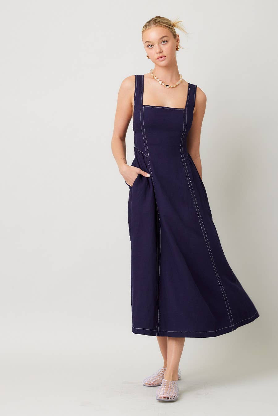 Linen Contrast Stitch Midi Dress