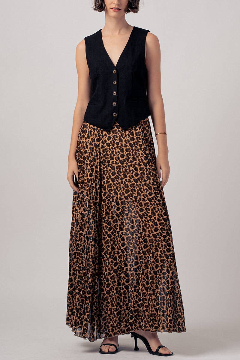 Sophisticated Leopard Print Pleated Flowy A Line Midi Skirt