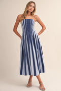 Strapless Striped Pleated Flare Midi Dress