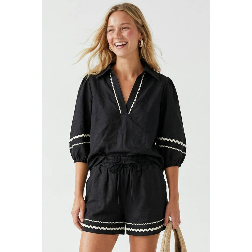 Contrast Trim Linen Blouse