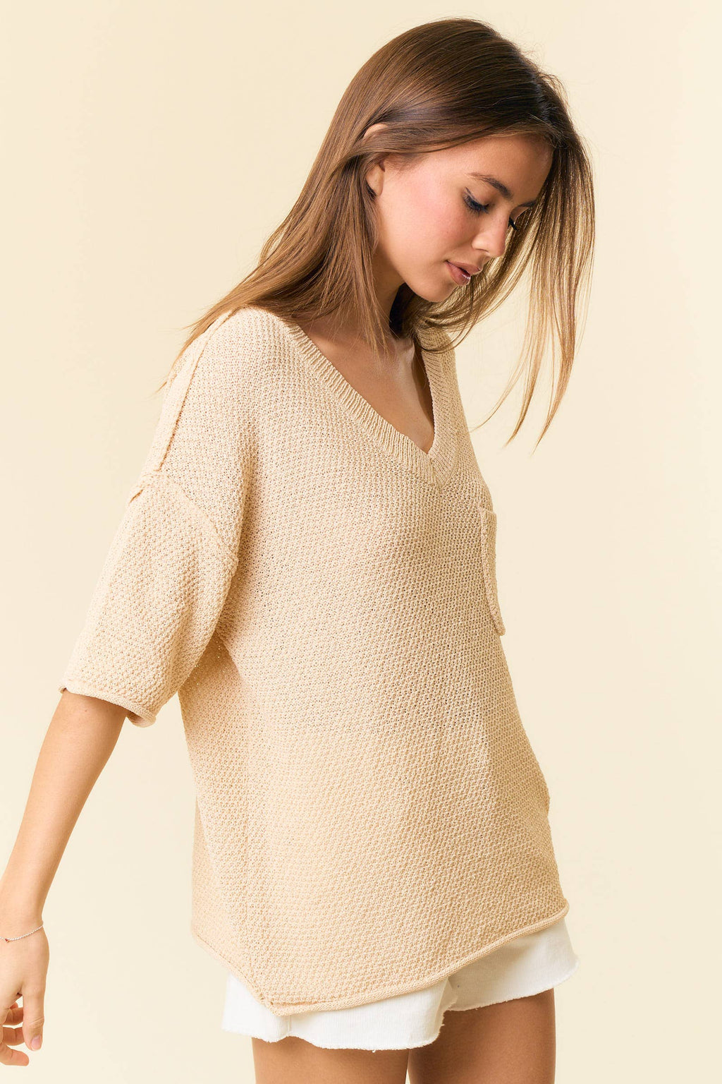 V-Neck Dropped Short Sleeve Exposed Seam Sweater