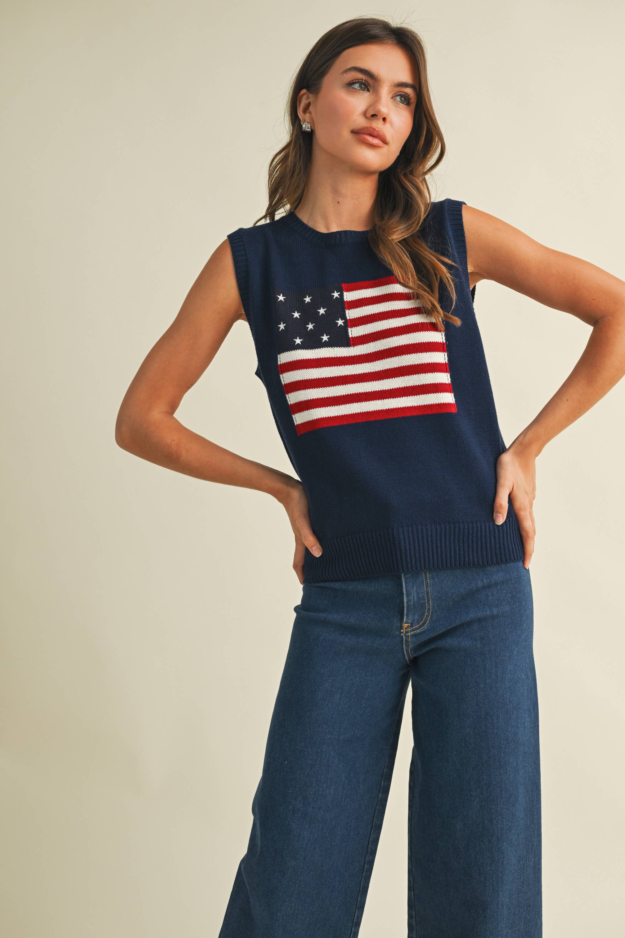 USA FLAG SLEVELESS KNIT PULLOVER SWEATER