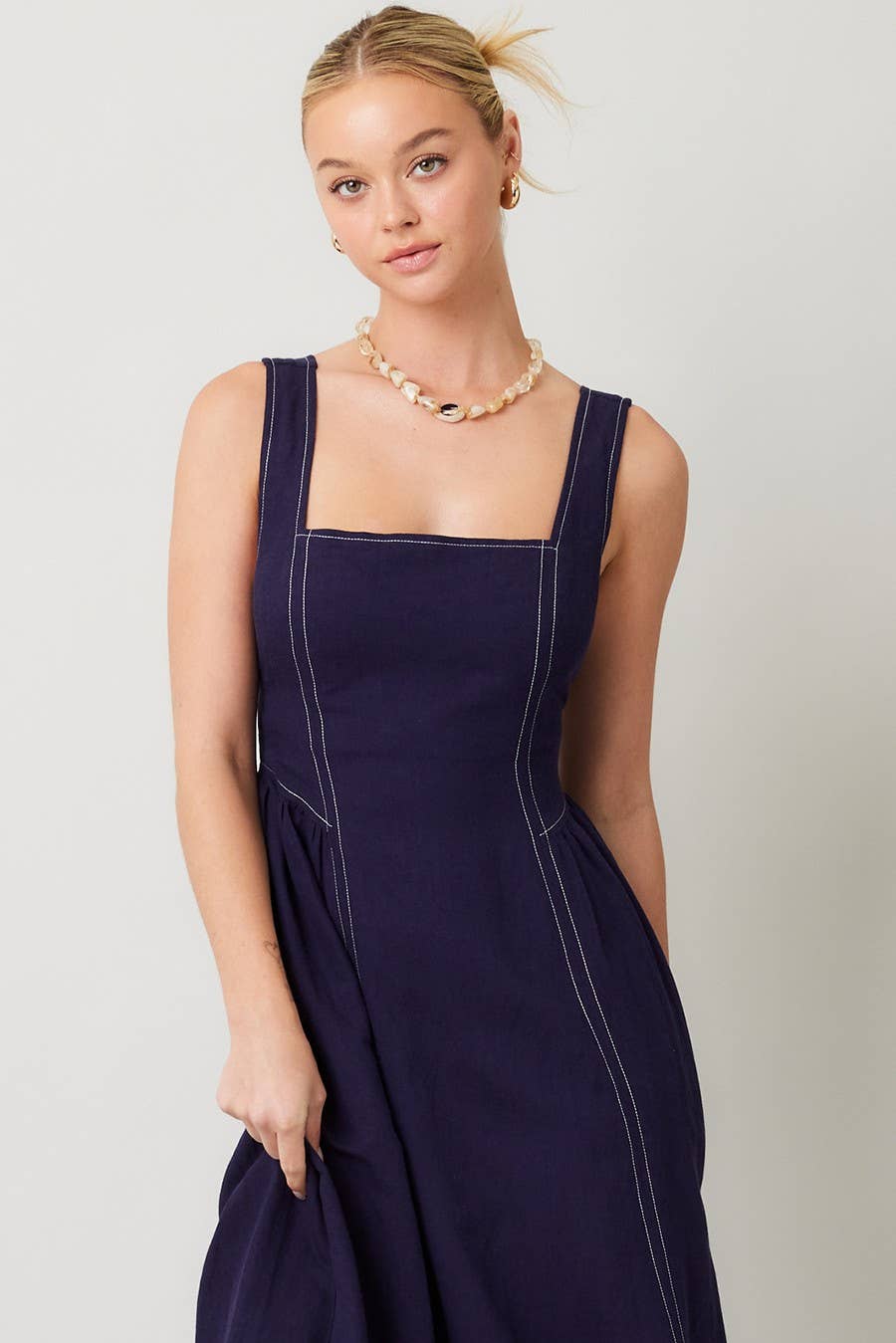 Linen Contrast Stitch Midi Dress