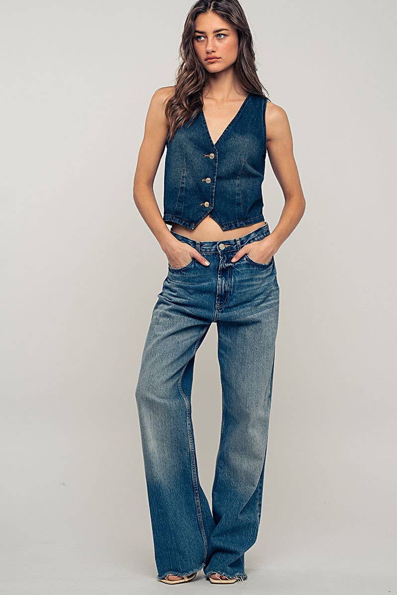 Contrast Stitch Detail Button Front Denim Vest