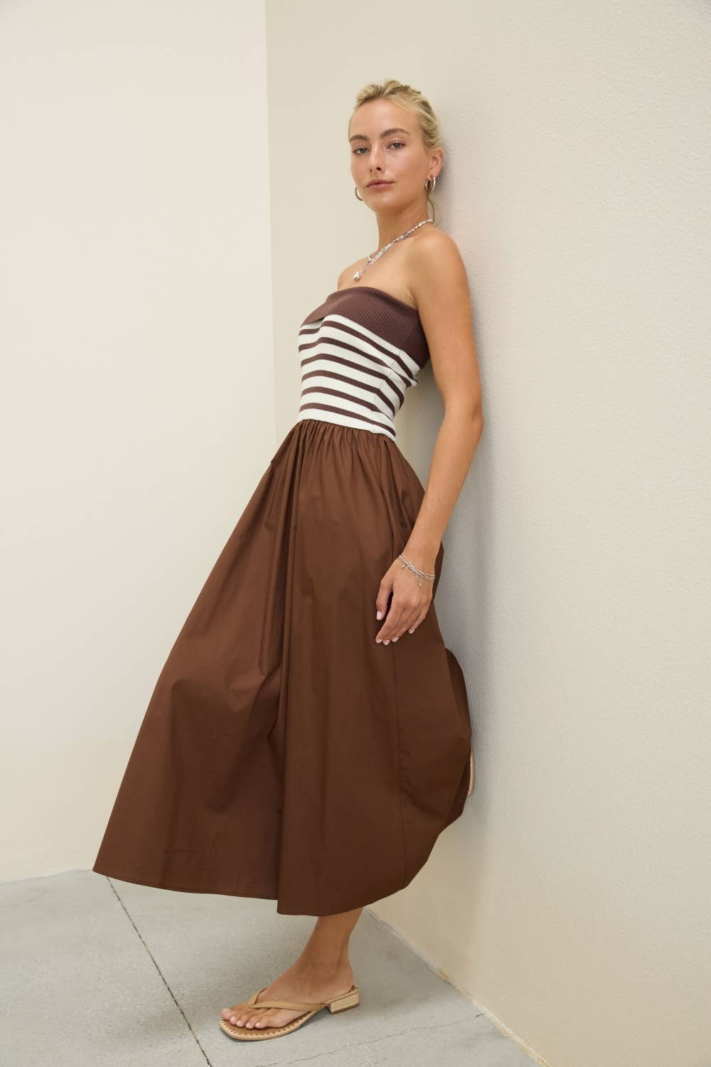 Stripe Knit Bodice Midi Dress