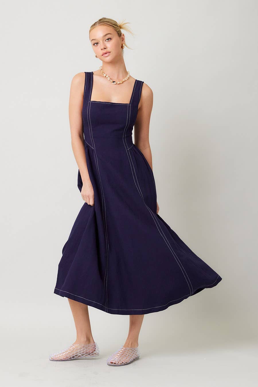 Linen Contrast Stitch Midi Dress