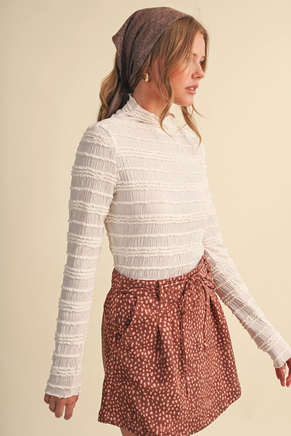 Shirred Long Sleeve Mock Neck Top