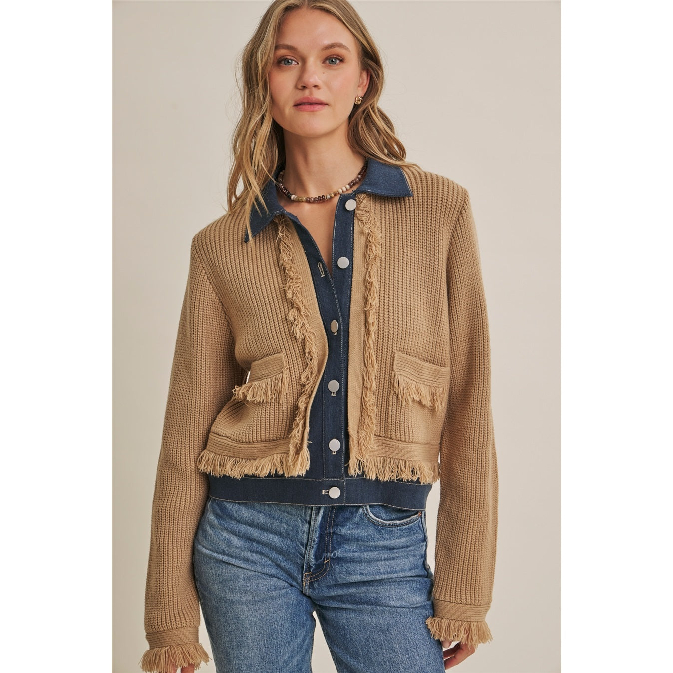 Denim Layered Sweater Fringe Cardigan Jacket