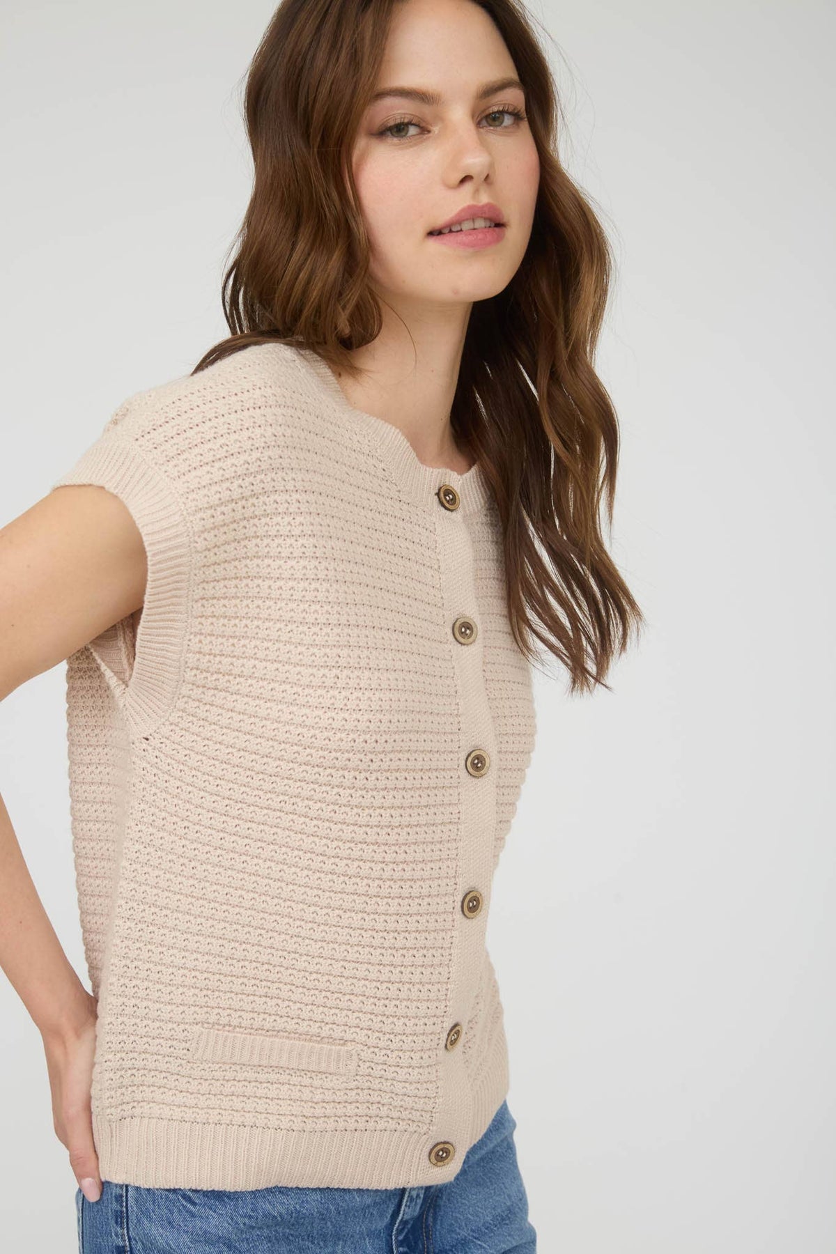 Button Down Short Sleeve Knit Cardigan Vest